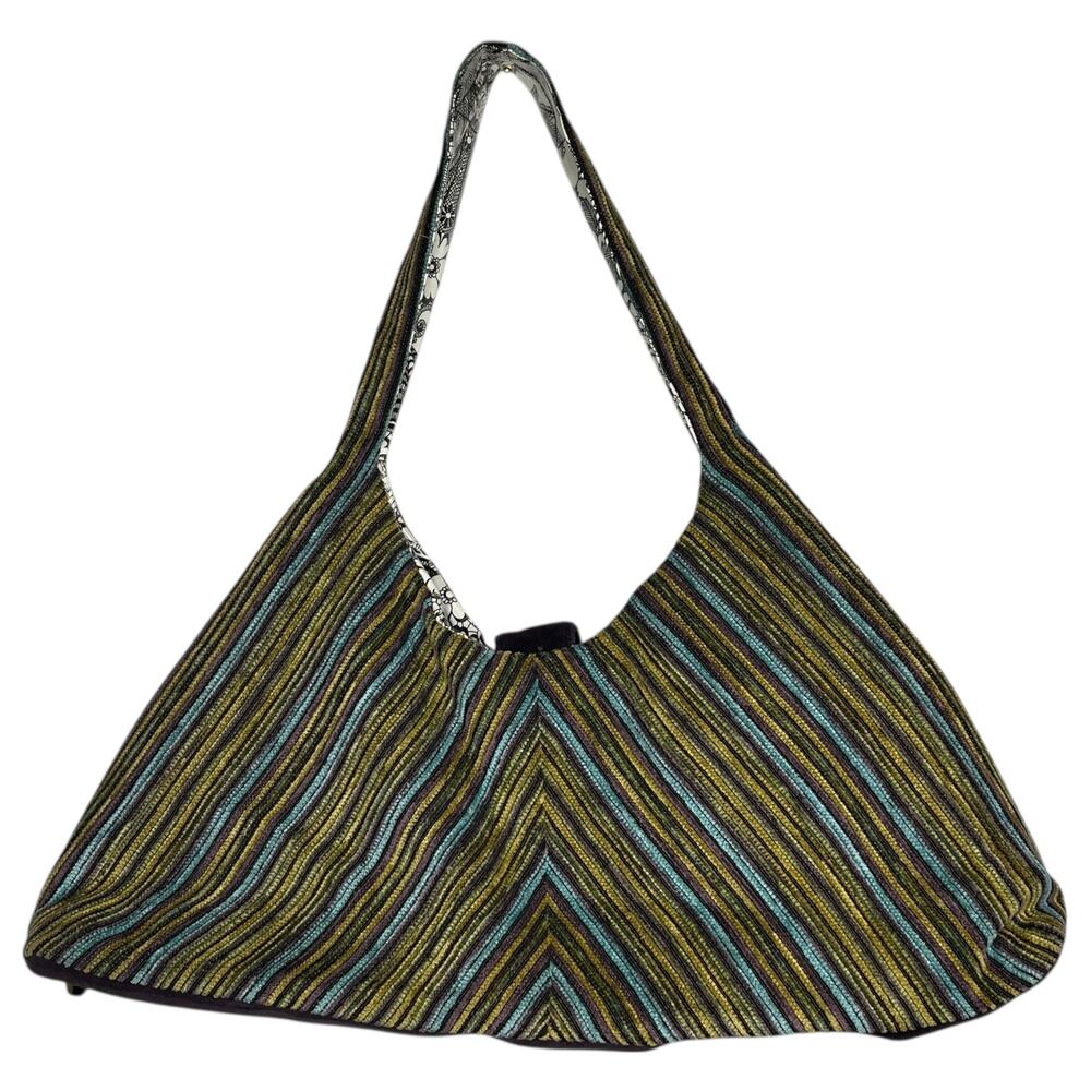 Offhand Designs Crescent Shoulder Knitting Bag Green Stripe Textured Woven - Picture 2 of 11